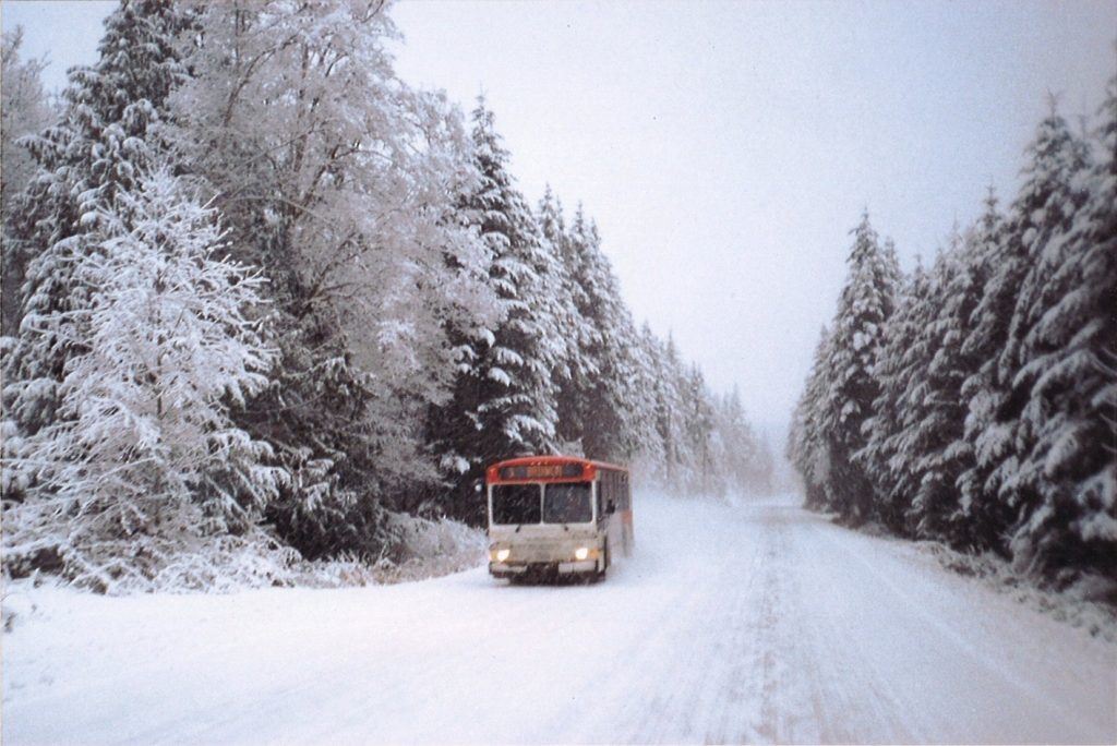 Bus on Center Valley Road in the snow